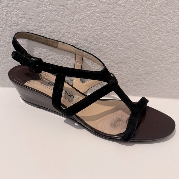 Jimmy Choo Wedge Sandals Black Suede and Chocolate Brown Patent Leather EU 39 - Picture 1 of 8